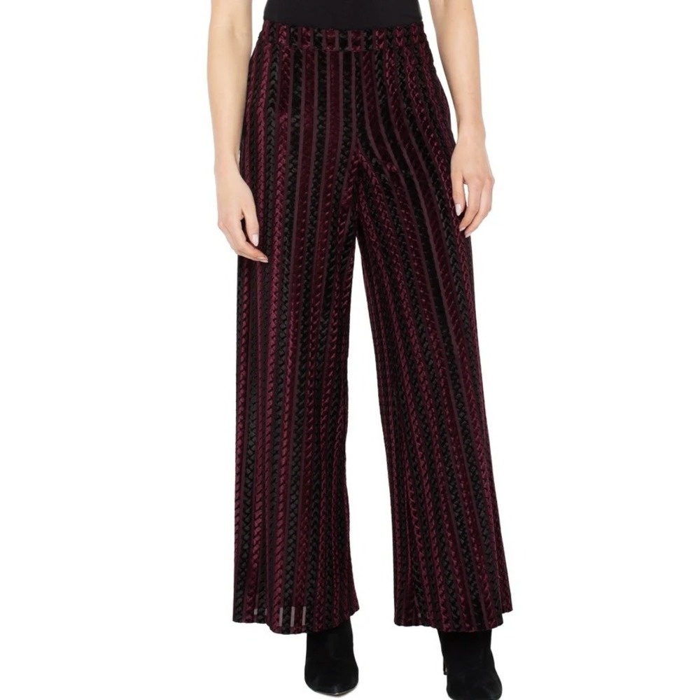 New Liverpool Pull-On Wide Leg Pants Large Burgundy Striped Velvet Soft Comfy‎